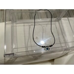 Evil Eye Pendant Necklace Blue Eye Charm Black Cord Silver Tone Beads Boho Style